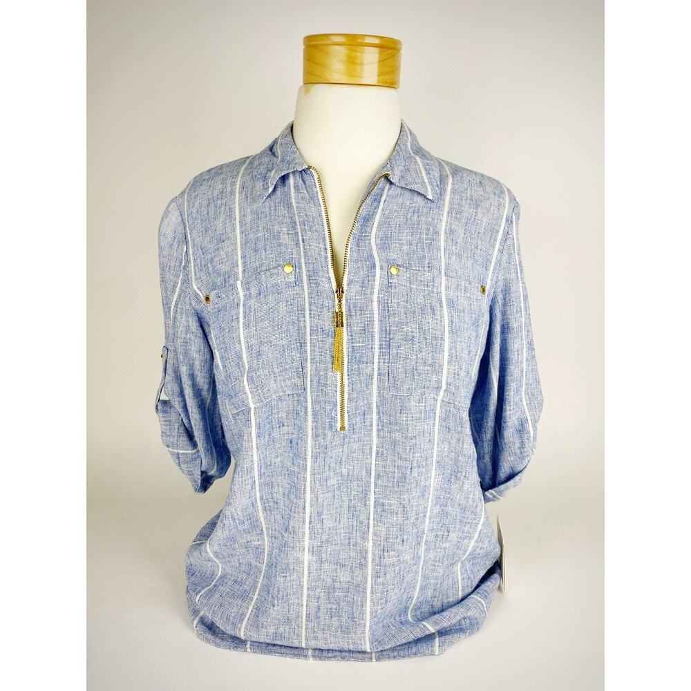 Ellen Tracy Linen Blend Top Large Waffle Knit High Low Beach Coastal Cottagecore